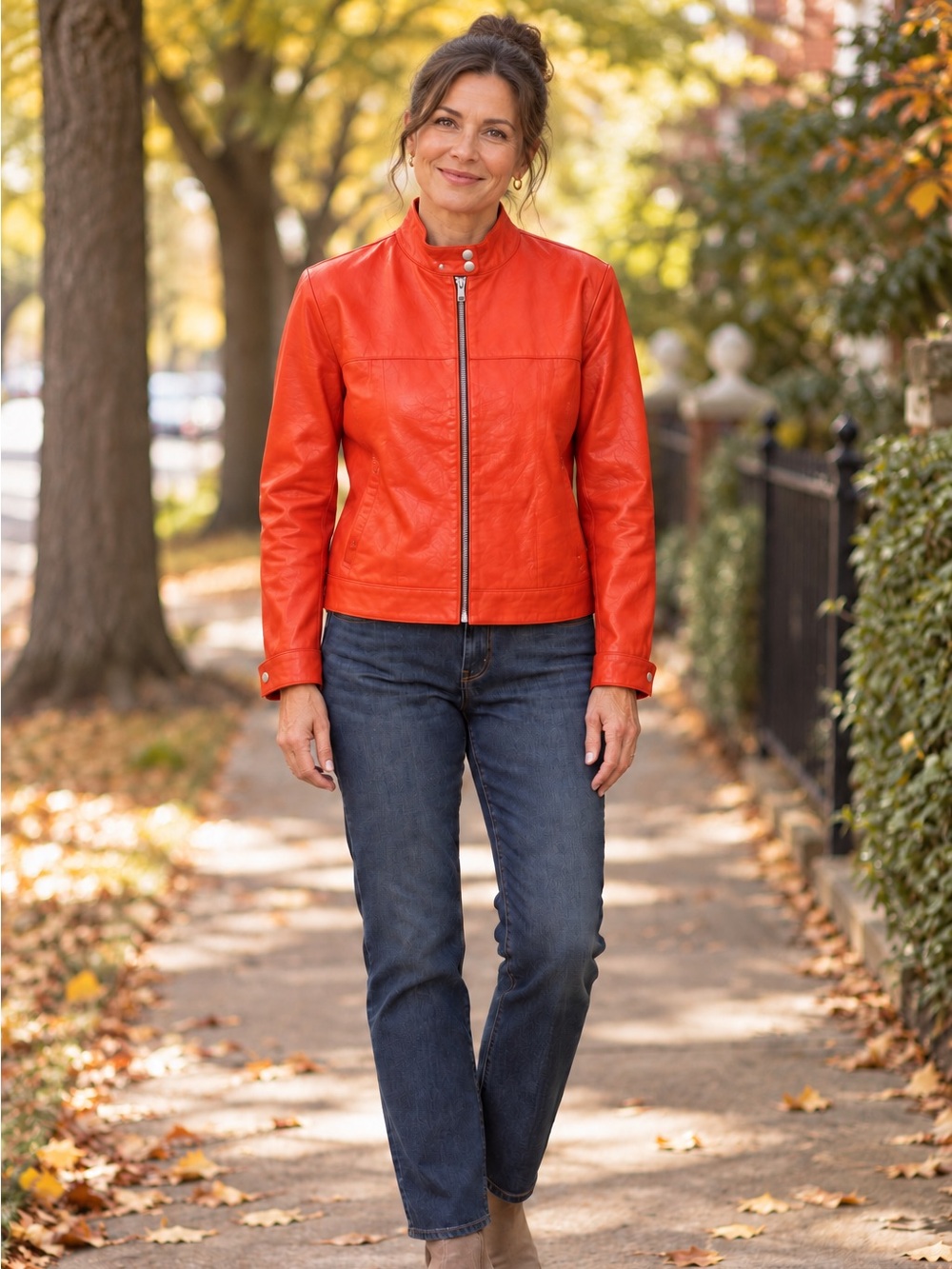 Olsen Orange Moto Leather Jacket Size 8 Two Way Zipper